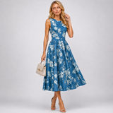 Carlena | Elegancka Sukienka Midi w Kwiaty z Rozkloszowanym Dołem