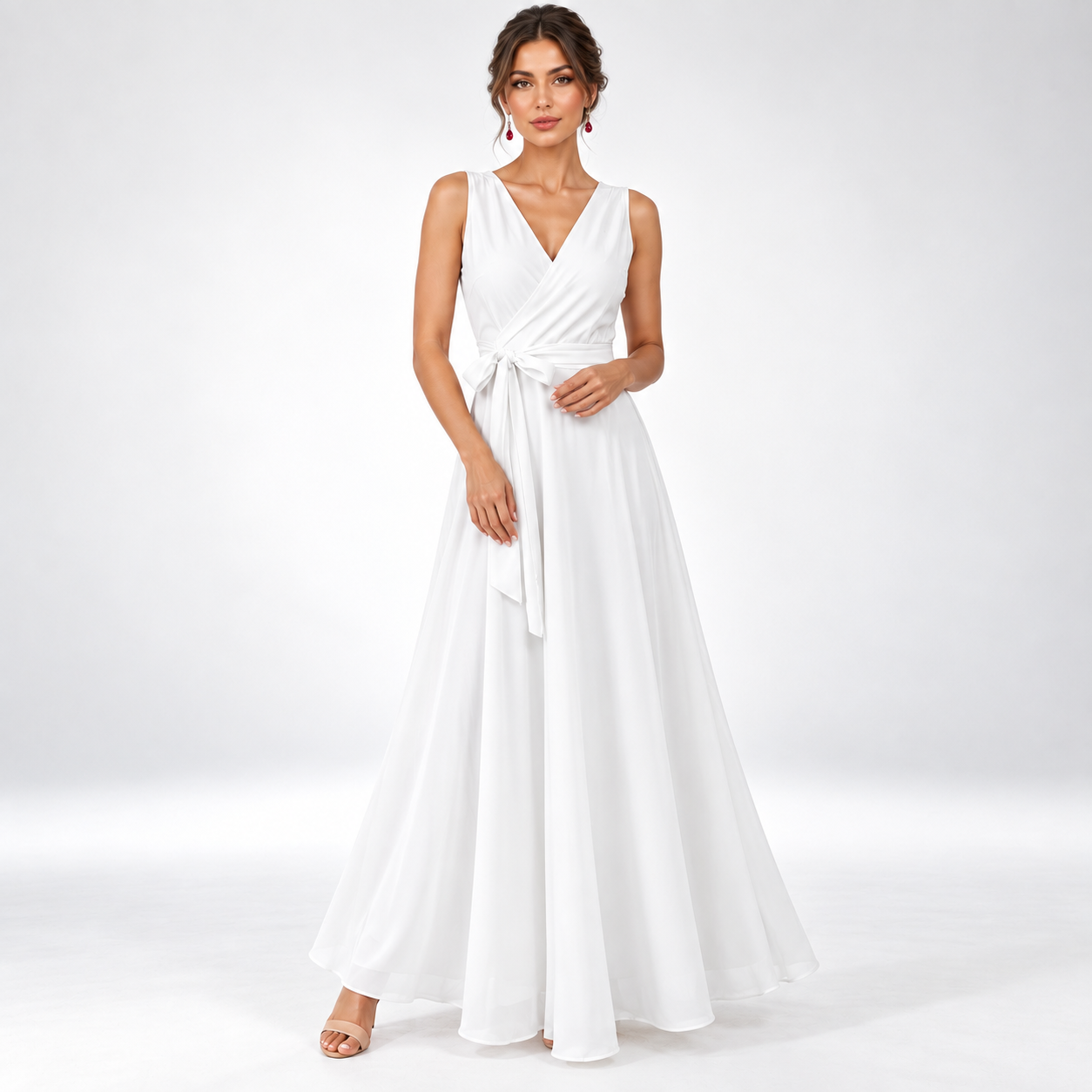 Carlena | Elegancka Sukienka Maxi na Wesele z Kopertowym Dekoltem i Wiązaniem w Talii