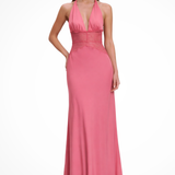 Carlena | Elegancka Sukienka Maxi Halter z Koronkową Talią