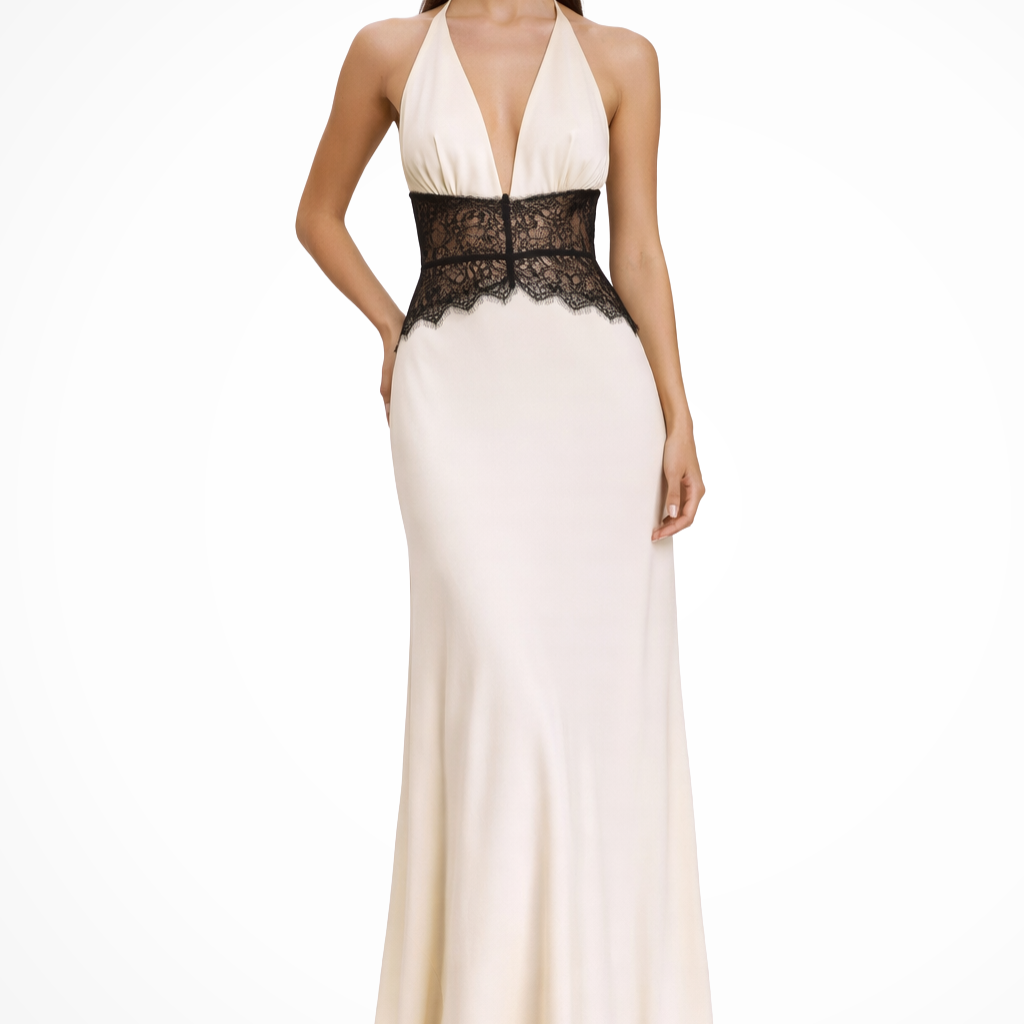 Carlena | Elegancka Sukienka Maxi Halter z Koronkową Talią