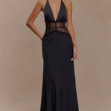 Carlena | Elegancka Sukienka Maxi Halter z Koronkową Talią