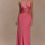 Carlena | Elegancka Sukienka Maxi Halter z Koronkową Talią