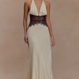 Carlena | Elegancka Sukienka Maxi Halter z Koronkową Talią