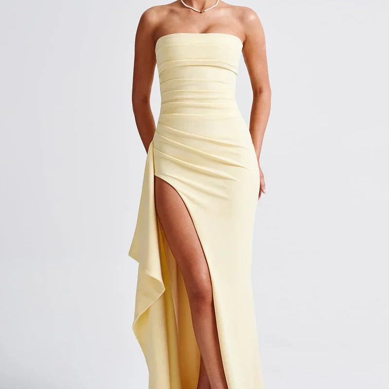 Carlena | Elegancka sukienka maxi bez ramiączek z rozcięciem