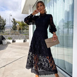 Carlena | Elegancka koronkowa sukienka midi z bufiastymi rękawami