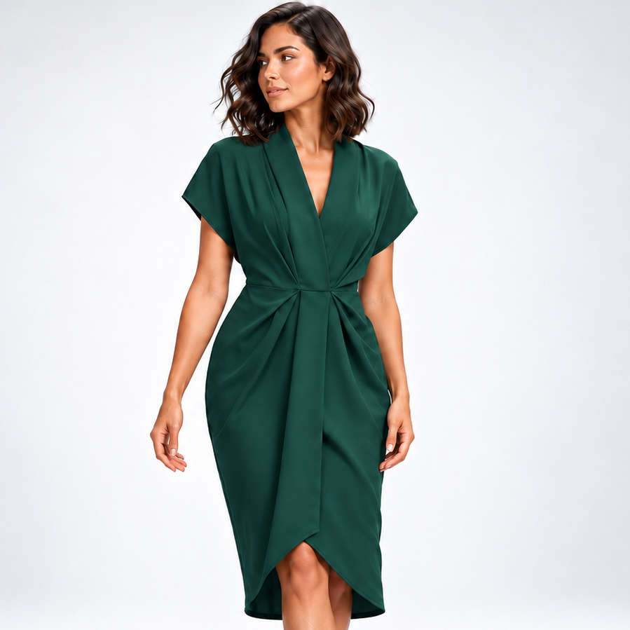 Carlena | Elegancka Sukienka Midi Kopertowa z Drapowaniem