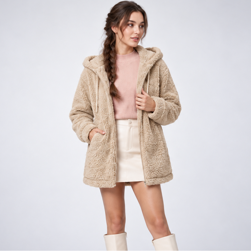 Carlena | Miękka Kurtka Teddy z Kapturem o Luźnym Kroju