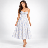 Carlena | Elegancka Sukienka Midi w Kwiaty z Gorsetowym Gorsetem i Dekoltem w Sercu