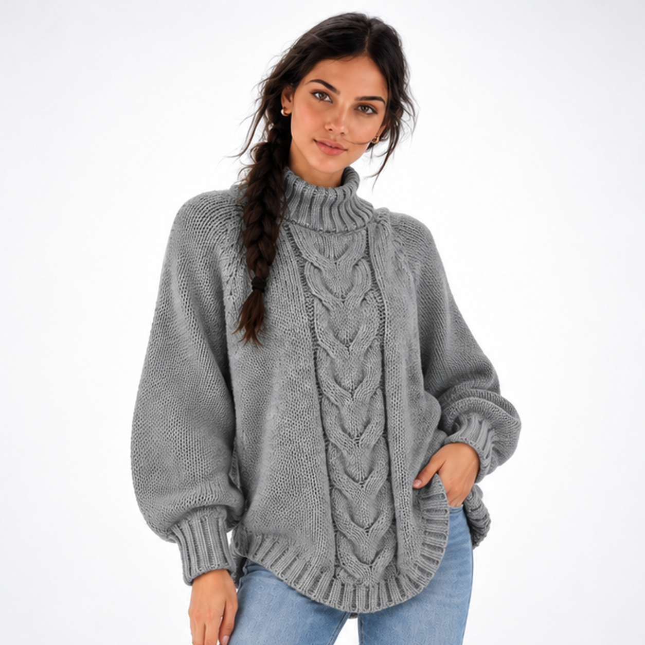 Carlena | Gruby Sweter Oversize z Warkoczowym Splotem