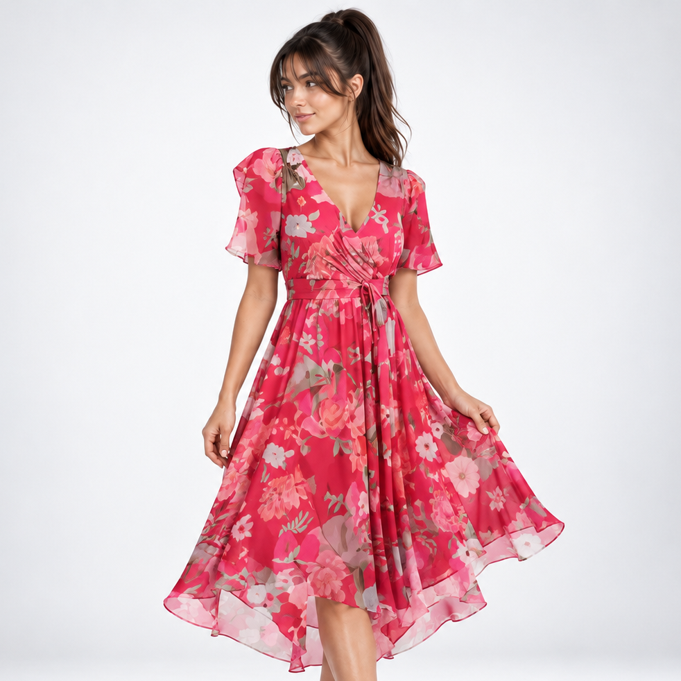 Carlena | Elegancka Sukienka Midi z Kwiatowym Wzorem