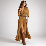 Carlena | Sukienka Maxi w Stylu Western z Guzikami i Rozcięciem