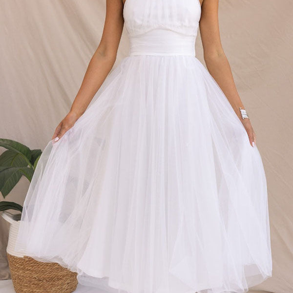 Carlena | Elegancka tiulowa sukienka midi z dekoltem halter