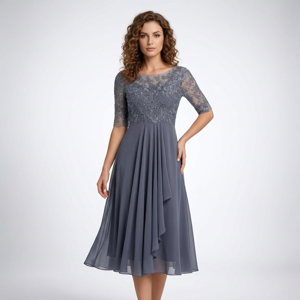 Carlena | Elegancka Sukienka Midi z Koronkową Górą i Rękawem 3/4