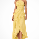 Carlena | Elegancka plisowana sukienka maxi z falbanami