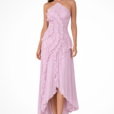 Carlena | Elegancka plisowana sukienka maxi z falbanami