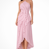 Carlena | Elegancka plisowana sukienka maxi z falbanami