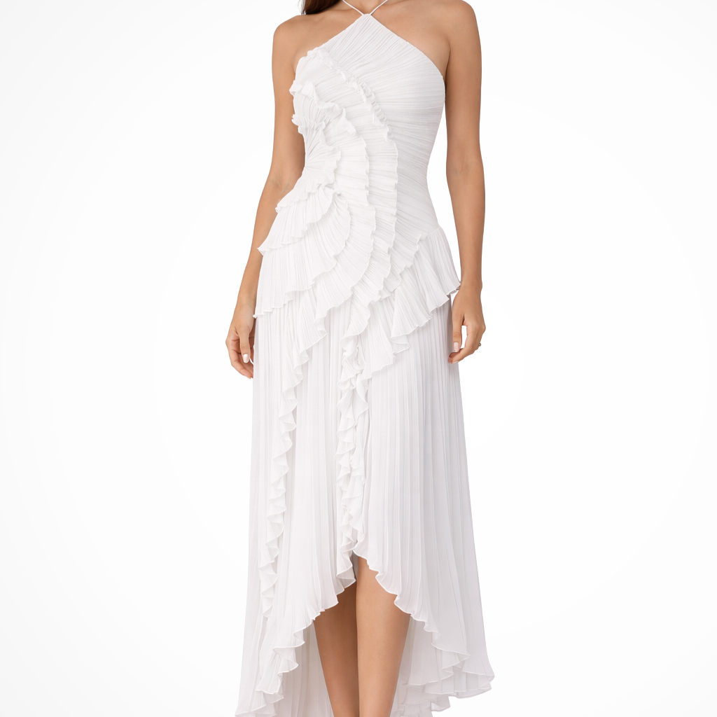 Carlena | Elegancka plisowana sukienka maxi z falbanami