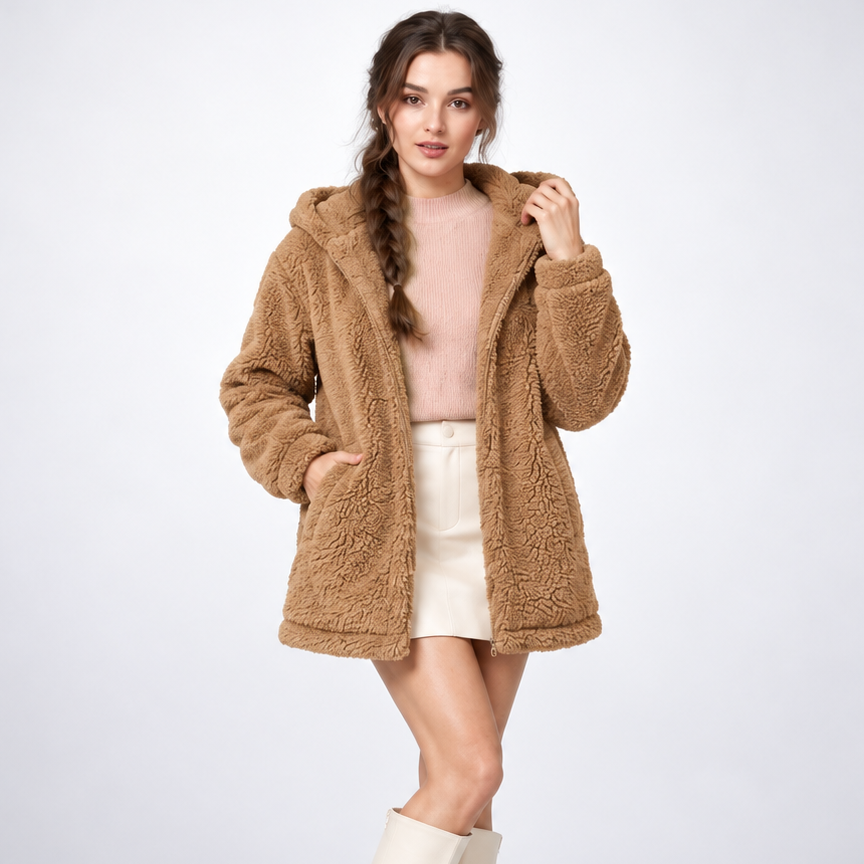 Carlena | Miękka Kurtka Teddy z Kapturem o Luźnym Kroju