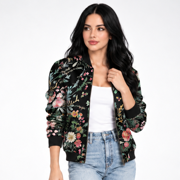 Carlena | Lekka Kurtka Bomber w Kwiatowy Wzór