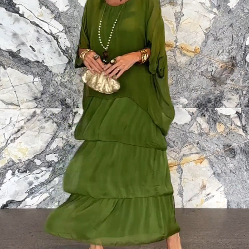 Carlena | Zwiewna sukienka maxi z falbanami maskująca brzuch i zapewniająca komfort