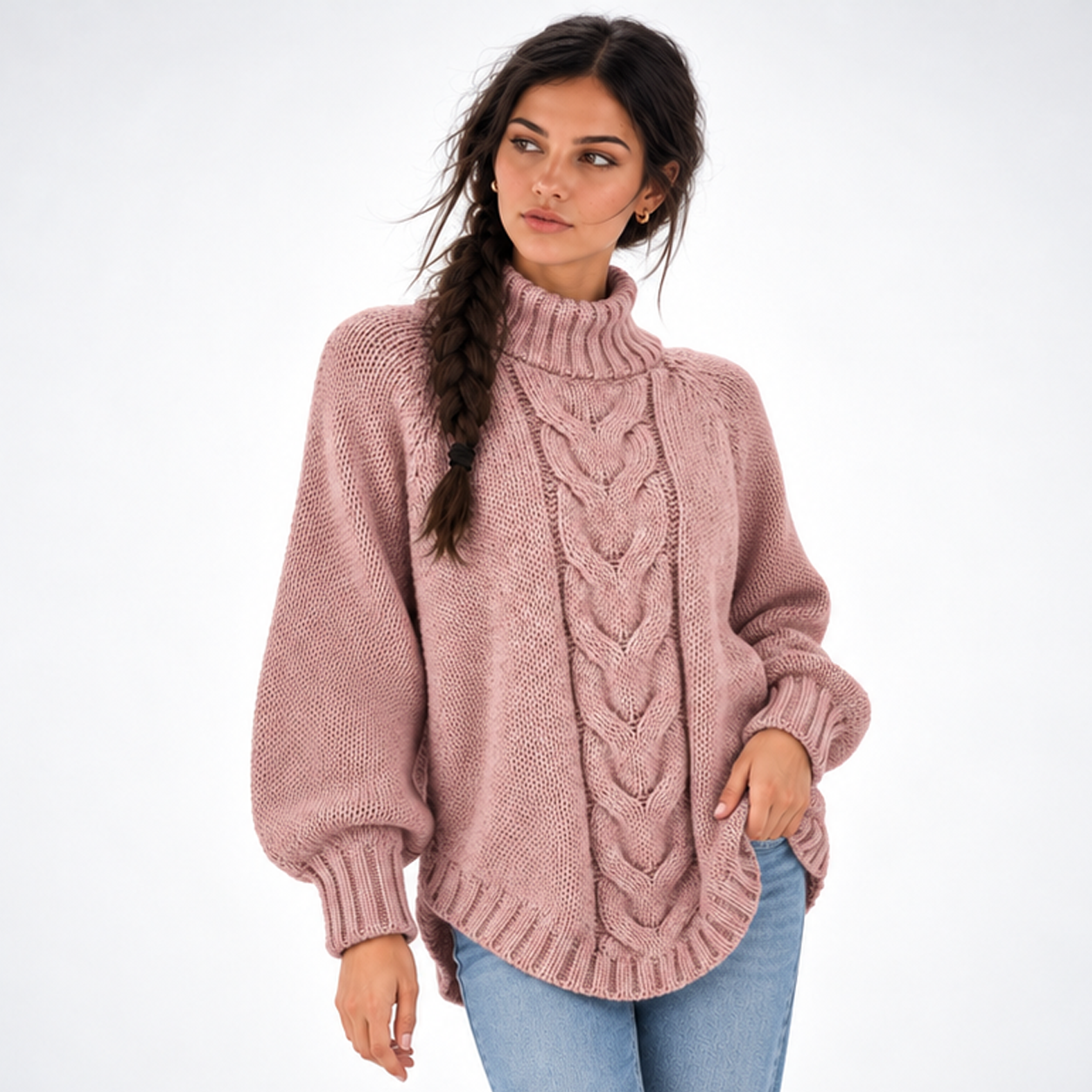 Carlena | Gruby Sweter Oversize z Warkoczowym Splotem