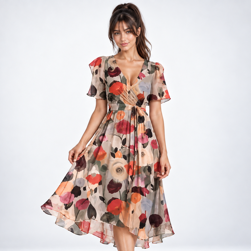Carlena | Elegancka Sukienka Midi z Kwiatowym Wzorem