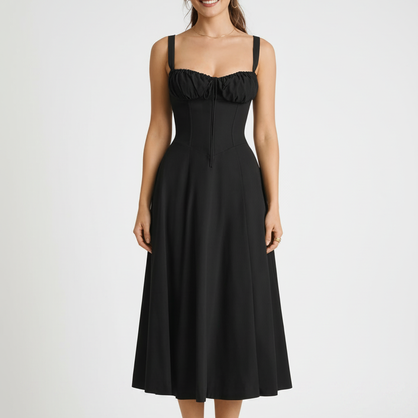 Carlena | Elegancka Sukienka Midi w Kwiaty z Gorsetowym Gorsetem i Dekoltem w Sercu