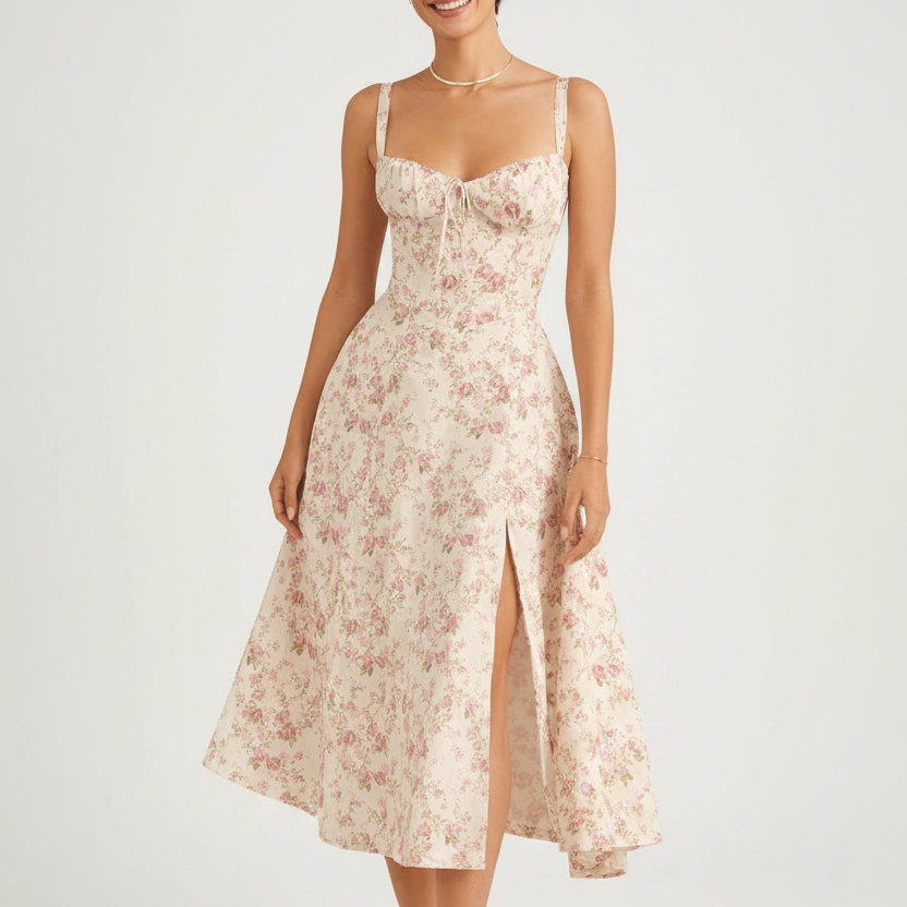 Carlena | Elegancka Sukienka Midi w Kwiaty z Gorsetowym Gorsetem i Dekoltem w Sercu