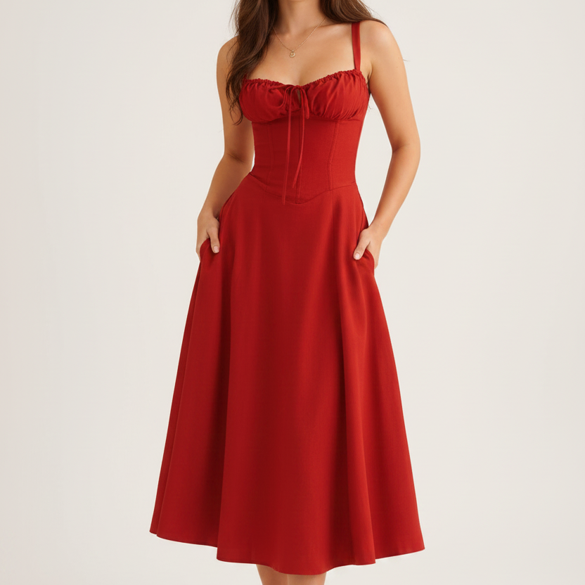 Carlena | Elegancka Sukienka Midi w Kwiaty z Gorsetowym Gorsetem i Dekoltem w Sercu