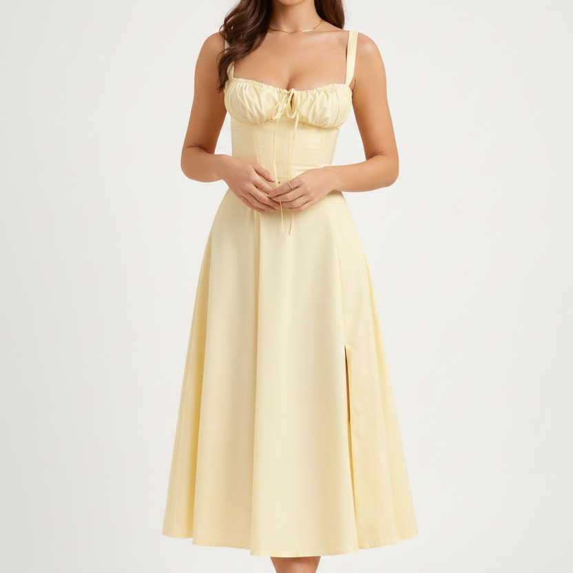 Carlena | Elegancka Sukienka Midi w Kwiaty z Gorsetowym Gorsetem i Dekoltem w Sercu