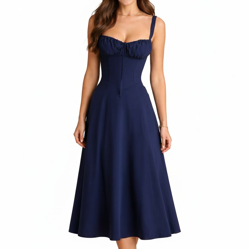 Carlena | Elegancka Sukienka Midi w Kwiaty z Gorsetowym Gorsetem i Dekoltem w Sercu