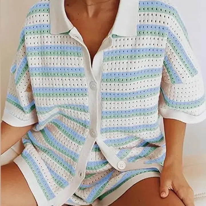 Carlena | Dwuczęściowy dzianinowy komplet koszula i szorty | Bogumiła