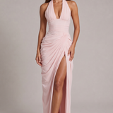 Carlena | Elegancka Sukienka Maxi Halter z Drapowaniem i Rozcięciem