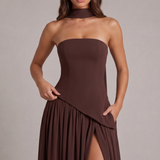Carlena | Elegancka Sukienka Maxi Bez Ramiączek z Wysokim Rozcięciem i Szalem