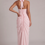 Carlena | Elegancka Sukienka Maxi Halter z Drapowaniem i Rozcięciem