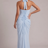 Carlena | Elegancka Sukienka Maxi Halter z Drapowaniem i Rozcięciem