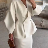 Carlena | Elegancki Komplet ze Spódnicą i Marynarką z Bufiastymi Rękawami