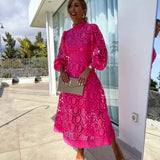 Carlena | Elegancka koronkowa sukienka midi z bufiastymi rękawami