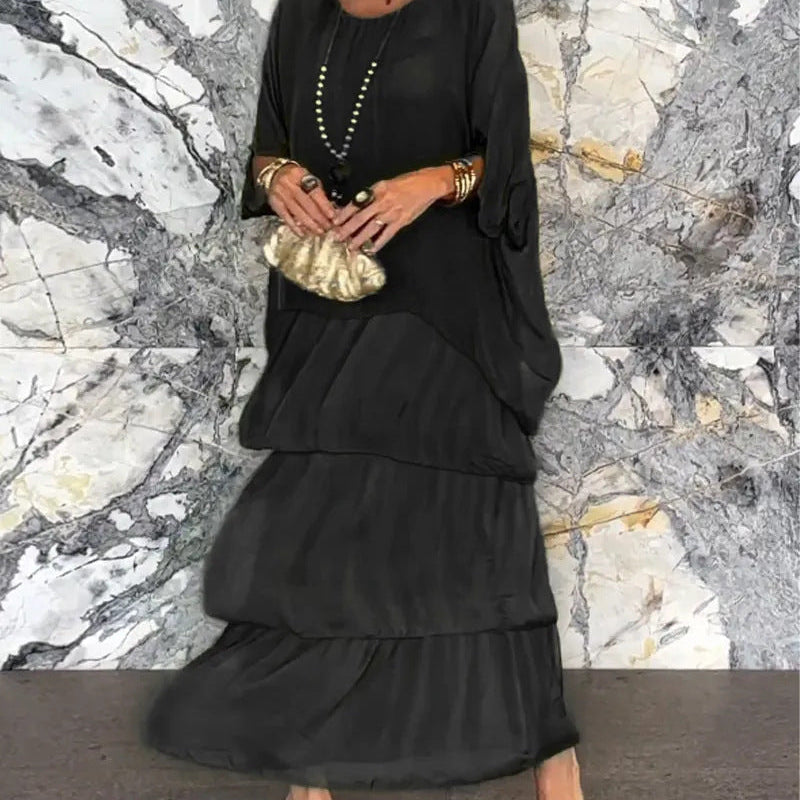 Carlena | Zwiewna sukienka maxi z falbanami maskująca brzuch i zapewniająca komfort