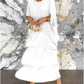 Carlena | Zwiewna sukienka maxi z falbanami maskująca brzuch i zapewniająca komfort