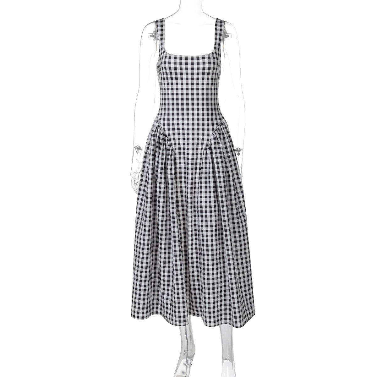 Carlena | Letnia sukienka midi w kratę podkreślająca talię i dopasowująca się do sylwetki