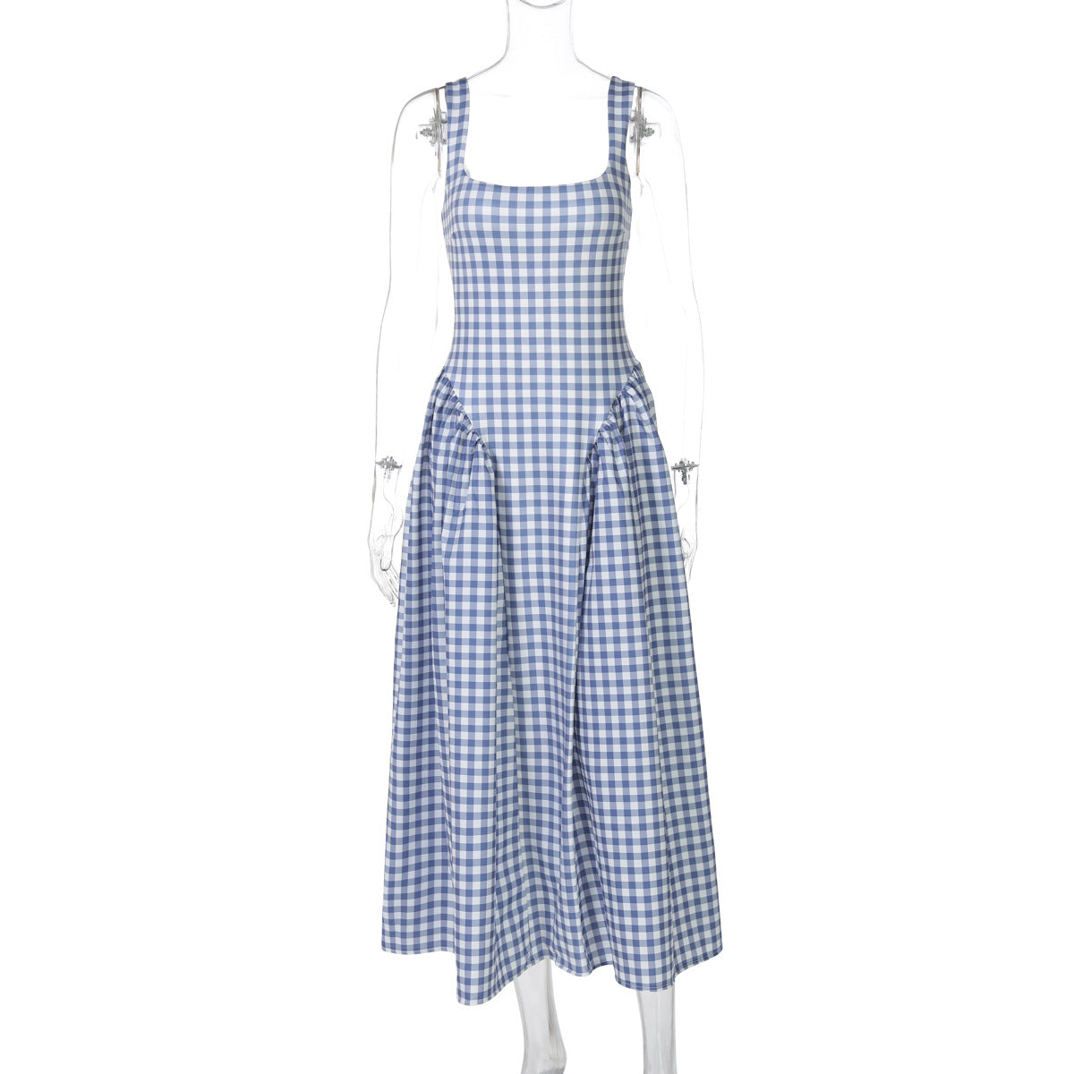 Carlena | Letnia sukienka midi w kratę podkreślająca talię i dopasowująca się do sylwetki