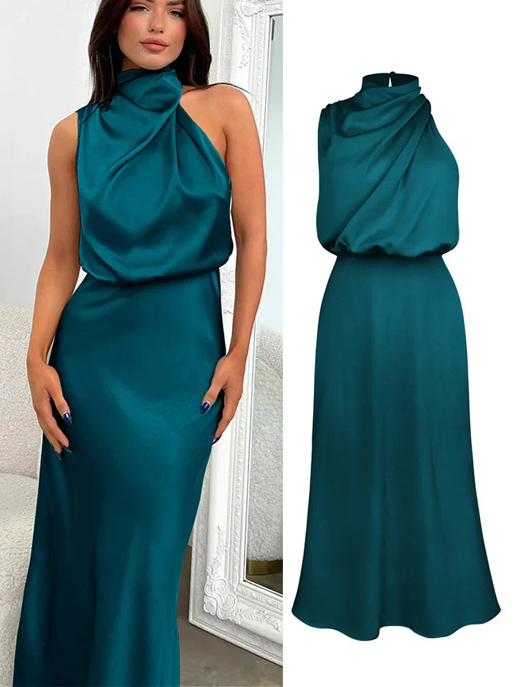 Carlena | Elegancka sukienka damska midi z satynowym wykończeniem lekka i stylowa