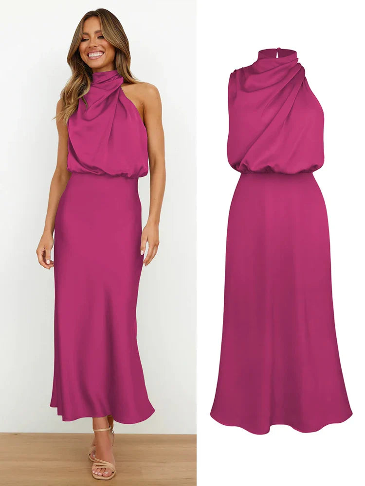 Carlena | Elegancka sukienka damska midi z satynowym wykończeniem lekka i stylowa
