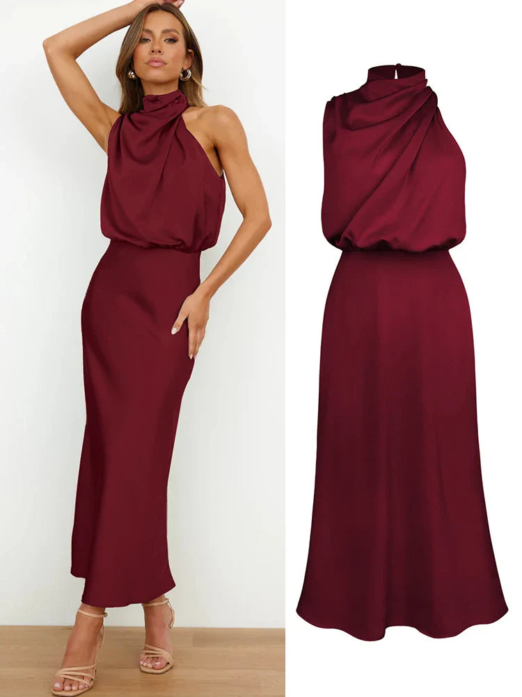 Carlena | Elegancka sukienka damska midi z satynowym wykończeniem lekka i stylowa