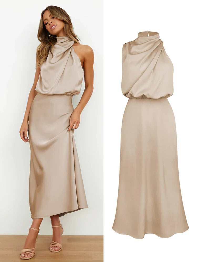 Carlena | Elegancka sukienka damska midi z satynowym wykończeniem lekka i stylowa
