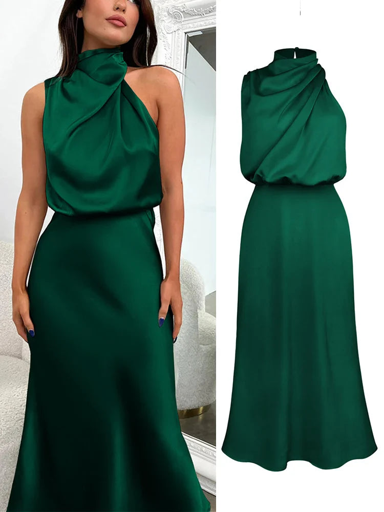 Carlena | Elegancka sukienka damska midi z satynowym wykończeniem lekka i stylowa