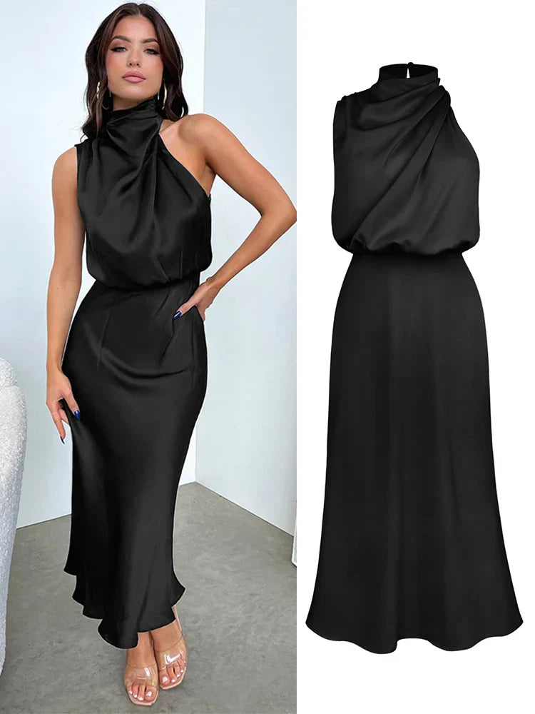 Carlena | Elegancka sukienka damska midi z satynowym wykończeniem lekka i stylowa