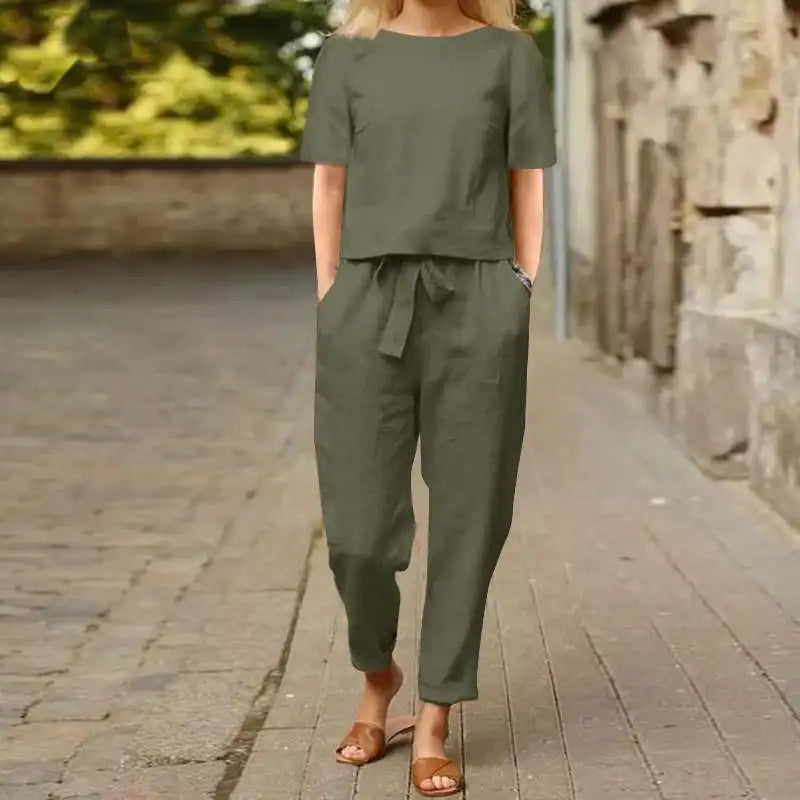 Carlena | Letni lniany komplet damski luźny i wygodny modelujący sylwetkę