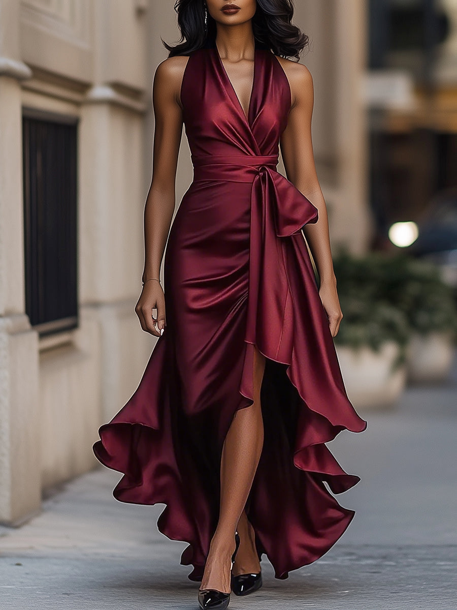 Carlena | Elegancka Sukienka Maxi Kopertowa z Asymetrycznym Dołem